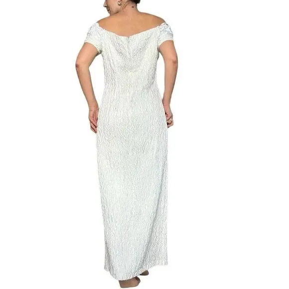 Vintage 90s Flirtation White Maxi Evening Dress Slit Off Shoulder Size Large